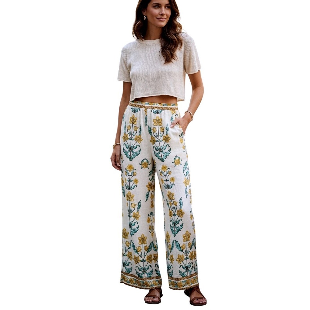 Draper James Wide Leg Pants Floral Print Yellow Green‎ Boho Women Size XS NWT